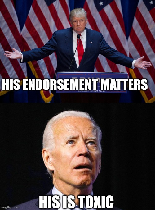 "Schedule conflicts" will be very common for the idiot known as Joe Biden |  HIS ENDORSEMENT MATTERS; HIS IS TOXIC | image tagged in donald trump,joe biden | made w/ Imgflip meme maker