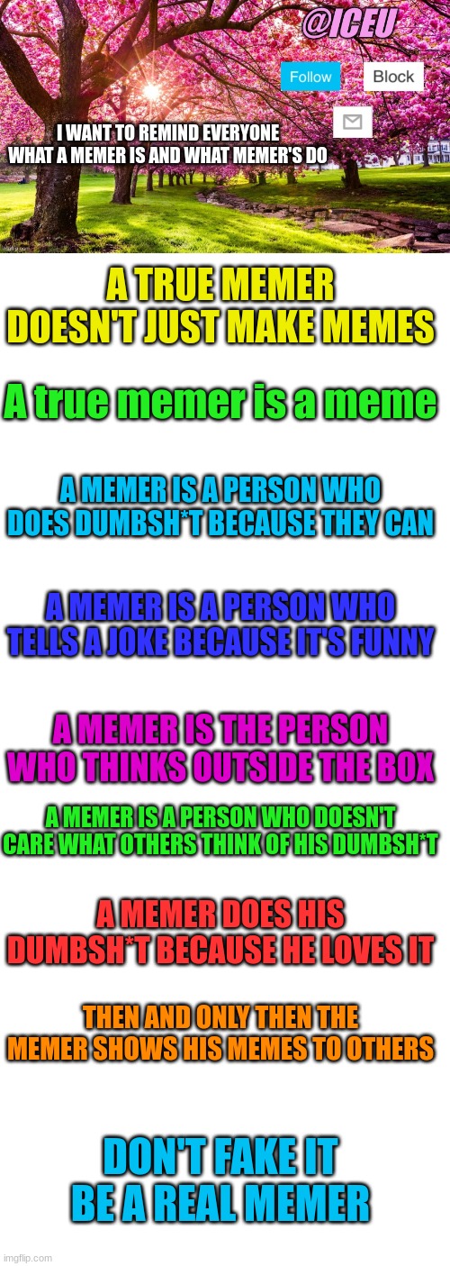 La via memes(Translates to the way of memes) | I WANT TO REMIND EVERYONE WHAT A MEMER IS AND WHAT MEMER'S DO; A TRUE MEMER DOESN'T JUST MAKE MEMES; A true memer is a meme; A MEMER IS A PERSON WHO DOES DUMBSH*T BECAUSE THEY CAN; A MEMER IS A PERSON WHO TELLS A JOKE BECAUSE IT'S FUNNY; A MEMER IS THE PERSON WHO THINKS OUTSIDE THE BOX; A MEMER IS A PERSON WHO DOESN'T CARE WHAT OTHERS THINK OF HIS DUMBSH*T; A MEMER DOES HIS DUMBSH*T BECAUSE HE LOVES IT; THEN AND ONLY THEN THE MEMER SHOWS HIS MEMES TO OTHERS; DON'T FAKE IT
BE A REAL MEMER | image tagged in blank white template | made w/ Imgflip meme maker