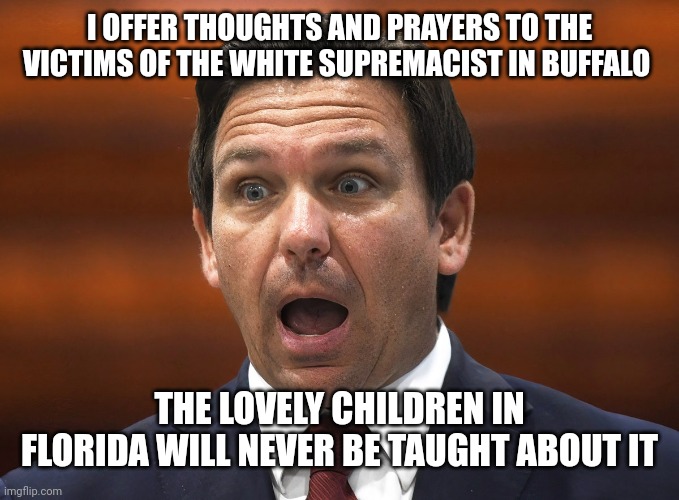 Desantis racist | I OFFER THOUGHTS AND PRAYERS TO THE VICTIMS OF THE WHITE SUPREMACIST IN BUFFALO; THE LOVELY CHILDREN IN FLORIDA WILL NEVER BE TAUGHT ABOUT IT | image tagged in desantis racist | made w/ Imgflip meme maker