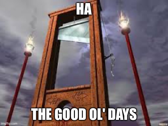 guillotine | HA THE GOOD OL' DAYS | image tagged in guillotine | made w/ Imgflip meme maker