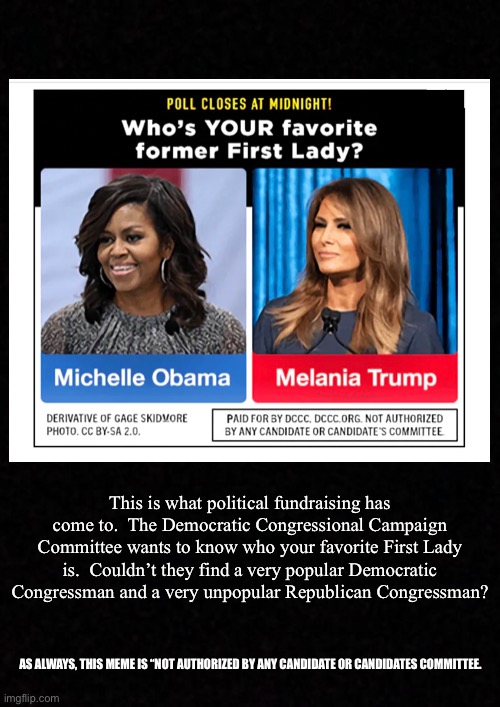 This is what political fundraising has come to.  The Democratic Congressional Campaign Committee wants to know who your favorite First Lady is.  Couldn’t they find a very popular Democratic Congressman and a very unpopular Republican Congressman? AS ALWAYS, THIS MEME IS “NOT AUTHORIZED BY ANY CANDIDATE OR CANDIDATES COMMITTEE. | image tagged in democratic,democratic party,first lady | made w/ Imgflip meme maker