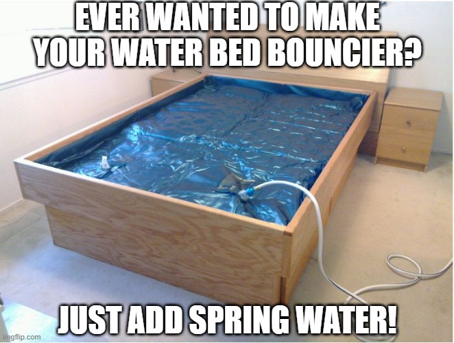 All Natural Filler | EVER WANTED TO MAKE YOUR WATER BED BOUNCIER? JUST ADD SPRING WATER! | image tagged in bad pun | made w/ Imgflip meme maker