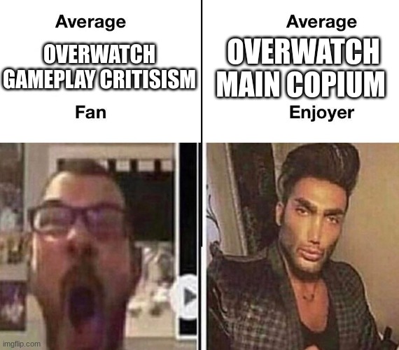 Average Fan vs. Average Enjoyer | OVERWATCH MAIN COPIUM; OVERWATCH GAMEPLAY CRITISISM | image tagged in average fan vs average enjoyer | made w/ Imgflip meme maker