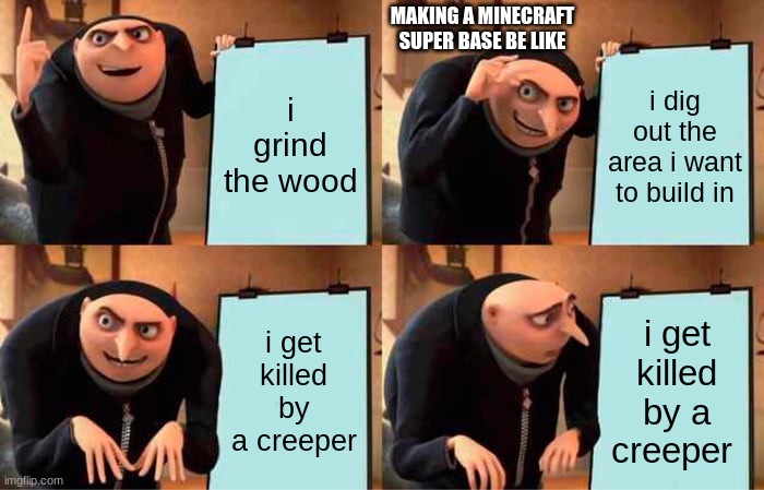happens all the time | MAKING A MINECRAFT SUPER BASE BE LIKE; i grind the wood; i dig out the area i want to build in; i get killed by a creeper; i get killed by a creeper | image tagged in memes,gru's plan | made w/ Imgflip meme maker