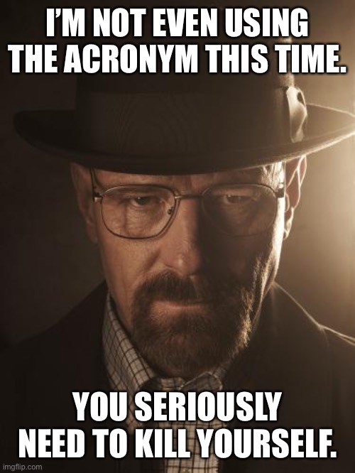 Walter White | I’M NOT EVEN USING THE ACRONYM THIS TIME. YOU SERIOUSLY NEED TO KILL YOURSELF. | image tagged in walter white | made w/ Imgflip meme maker