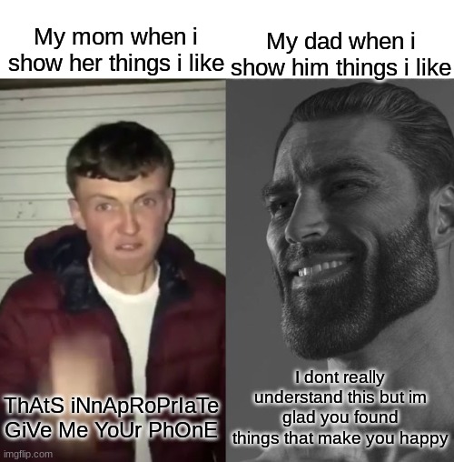 i like my dad better, obvi | My dad when i show him things i like; My mom when i show her things i like; I dont really understand this but im glad you found things that make you happy; ThAtS iNnApRoPrIaTe GiVe Me YoUr PhOnE | image tagged in average fan vs average enjoyer | made w/ Imgflip meme maker