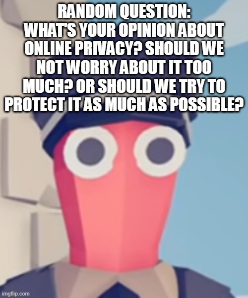 TABS Stare | RANDOM QUESTION: WHAT'S YOUR OPINION ABOUT ONLINE PRIVACY? SHOULD WE NOT WORRY ABOUT IT TOO MUCH? OR SHOULD WE TRY TO PROTECT IT AS MUCH AS POSSIBLE? | image tagged in tabs stare | made w/ Imgflip meme maker