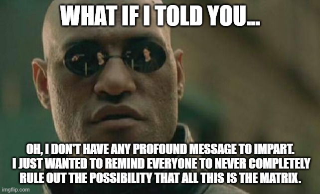 Matrix Morpheus | WHAT IF I TOLD YOU... OH, I DON'T HAVE ANY PROFOUND MESSAGE TO IMPART.  I JUST WANTED TO REMIND EVERYONE TO NEVER COMPLETELY RULE OUT THE POSSIBILITY THAT ALL THIS IS THE MATRIX. | image tagged in memes,matrix morpheus | made w/ Imgflip meme maker