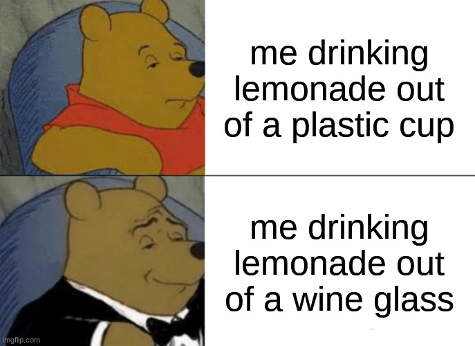 Tuxedo Winnie The Pooh Meme |  me drinking lemonade out of a plastic cup; me drinking lemonade out of a wine glass | image tagged in memes,tuxedo winnie the pooh | made w/ Imgflip meme maker