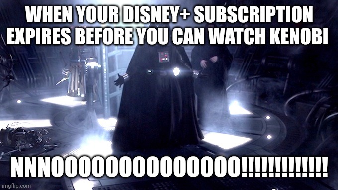 Sadly I will not be able to watch the Kenobi series ;-( | WHEN YOUR DISNEY+ SUBSCRIPTION EXPIRES BEFORE YOU CAN WATCH KENOBI; NNNOOOOOOOOOOOOOO!!!!!!!!!!!!! | image tagged in darth vader no,obi wan kenobi | made w/ Imgflip meme maker