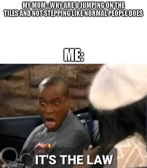 Image Title | MY MOM : WHY ARE U JUMPING ON THE TILES AND NOT STEPPING LIKE NORMAL PEOPLE DOES; ME: | image tagged in it's the law | made w/ Imgflip meme maker