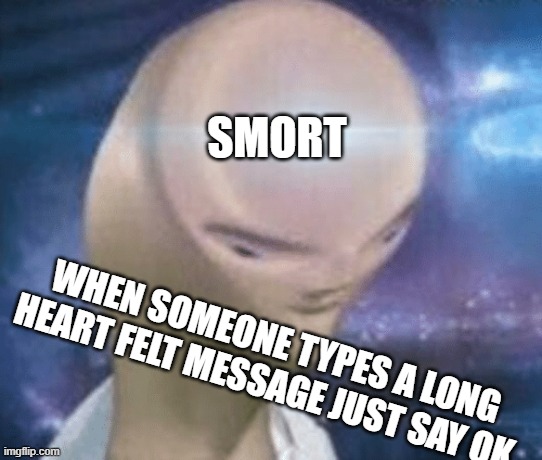 SMORT | SMORT; WHEN SOMEONE TYPES A LONG HEART FELT MESSAGE JUST SAY OK | image tagged in smort | made w/ Imgflip meme maker