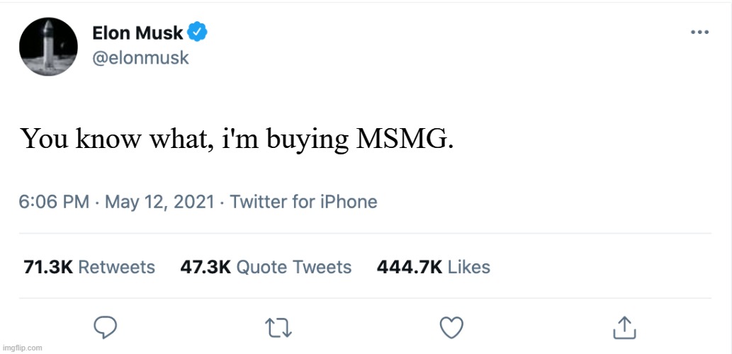 joking | You know what, i'm buying MSMG. | image tagged in elon musk blank tweet | made w/ Imgflip meme maker