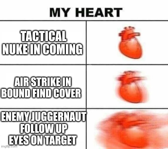 your screw | TACTICAL NUKE IN COMING; AIR STRIKE IN BOUND FIND COVER; ENEMY JUGGERNAUT FOLLOW UP EYES ON TARGET | image tagged in my heart blank,warzone,mcjuggernuggets | made w/ Imgflip meme maker