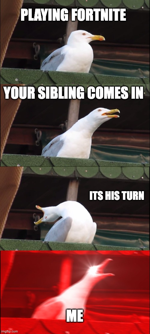 Inhaling Seagull | PLAYING FORTNITE; YOUR SIBLING COMES IN; ITS HIS TURN; ME | image tagged in memes,inhaling seagull | made w/ Imgflip meme maker