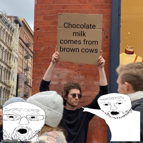 I like brown cows | Chocolate milk comes from brown cows | image tagged in memes,guy holding cardboard sign | made w/ Imgflip meme maker