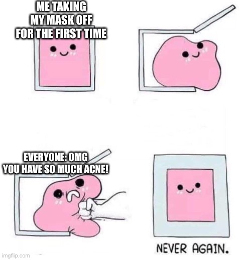 True story | ME TAKING MY MASK OFF FOR THE FIRST TIME; EVERYONE: OMG YOU HAVE SO MUCH ACNE! | image tagged in never again | made w/ Imgflip meme maker