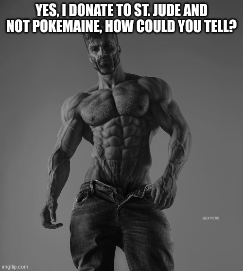 giga chad | YES, I DONATE TO ST. JUDE AND NOT POKEMAINE, HOW COULD YOU TELL? | image tagged in giga chad | made w/ Imgflip meme maker