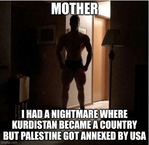 please joe biden dont do it | MOTHER; I HAD A NIGHTMARE WHERE KURDISTAN BECAME A COUNTRY BUT PALESTINE GOT ANNEXED BY USA | image tagged in shadowy buff guy | made w/ Imgflip meme maker