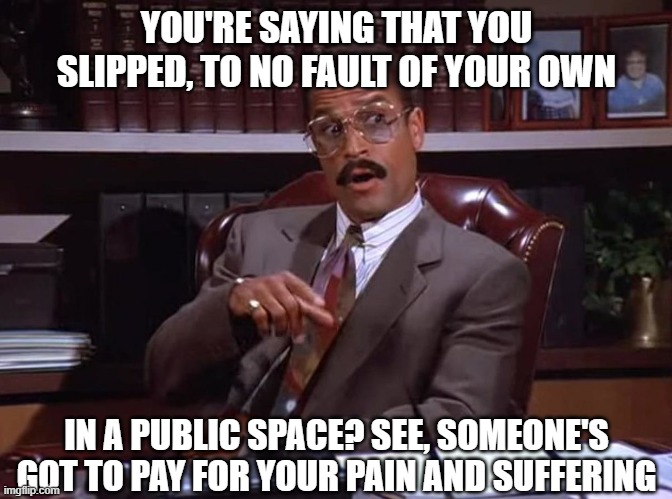 Jackie Childs, Seinfeld injury lawyer | YOU'RE SAYING THAT YOU SLIPPED, TO NO FAULT OF YOUR OWN IN A PUBLIC SPACE? SEE, SOMEONE'S GOT TO PAY FOR YOUR PAIN AND SUFFERING | image tagged in jackie childs seinfeld injury lawyer | made w/ Imgflip meme maker