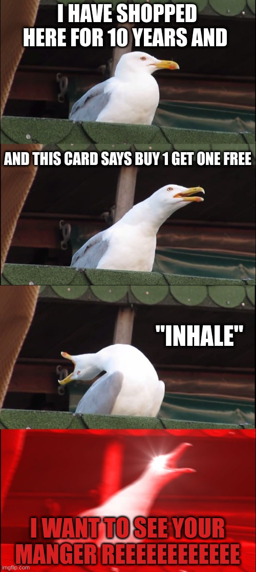 karens | I HAVE SHOPPED HERE FOR 10 YEARS AND; AND THIS CARD SAYS BUY 1 GET ONE FREE; "INHALE"; I WANT TO SEE YOUR MANGER REEEEEEEEEEEE | image tagged in memes,inhaling seagull | made w/ Imgflip meme maker