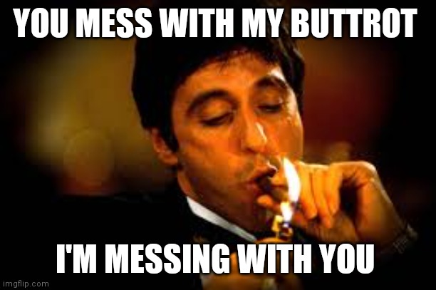 Al Pacino cigar | YOU MESS WITH MY BUTTROT; I'M MESSING WITH YOU | image tagged in al pacino cigar | made w/ Imgflip meme maker