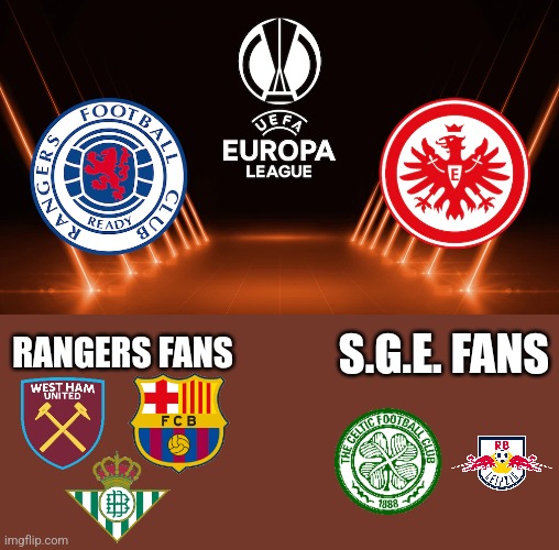 Rangers vs SGE Frankfurt Meme | S.G.E. FANS; RANGERS FANS | image tagged in rangers,sge,europa league,futbol,sports,memes | made w/ Imgflip meme maker
