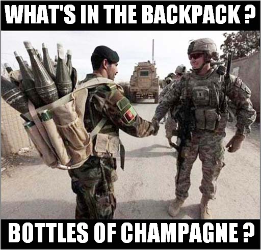 Gulliable Army Check Point | WHAT'S IN THE BACKPACK ? BOTTLES OF CHAMPAGNE ? | image tagged in army,checkpoint,missles,dark humour | made w/ Imgflip meme maker