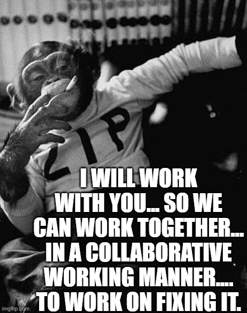 Zip the Smoking Chimp | I WILL WORK WITH YOU... SO WE CAN WORK TOGETHER... IN A COLLABORATIVE WORKING MANNER.... TO WORK ON FIXING IT. | image tagged in zip the smoking chimp | made w/ Imgflip meme maker