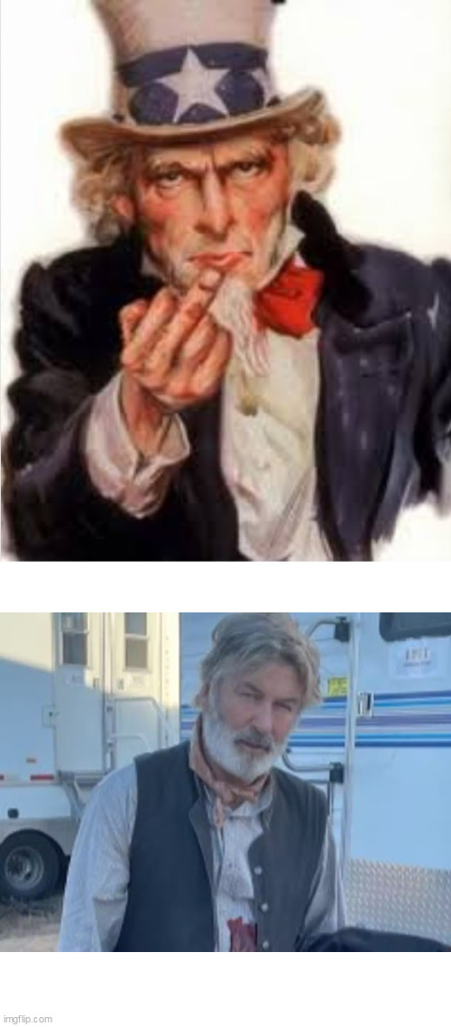 Uncle Sam flips off Alec Baldwin | image tagged in uncle sam flipping off who,memes,politics,rust,middle finger,stupid liberals | made w/ Imgflip meme maker