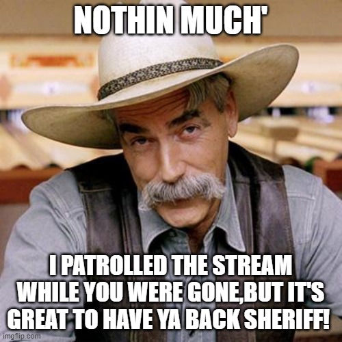 SARCASM COWBOY | NOTHIN MUCH' I PATROLLED THE STREAM WHILE YOU WERE GONE,BUT IT'S GREAT TO HAVE YA BACK SHERIFF! | image tagged in sarcasm cowboy | made w/ Imgflip meme maker
