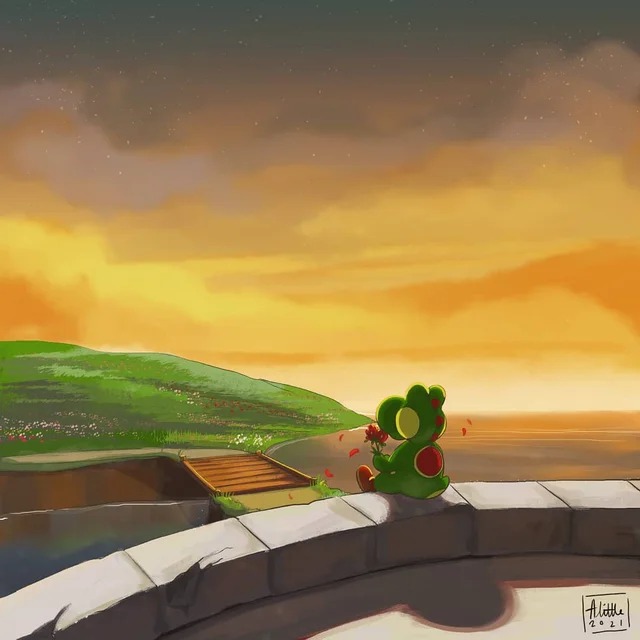 Yoshi sitting on a hill, high definition