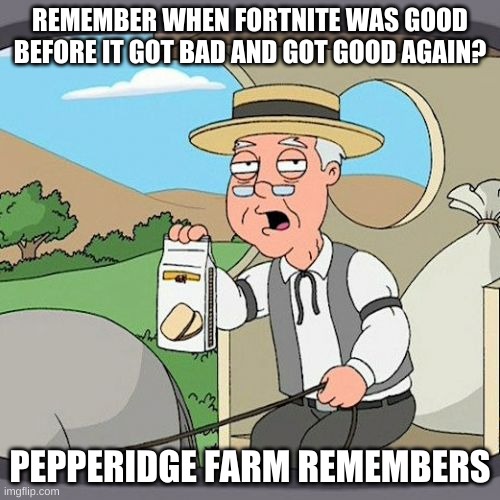 Pepperidge Farm Remembers | REMEMBER WHEN FORTNITE WAS GOOD BEFORE IT GOT BAD AND GOT GOOD AGAIN? PEPPERIDGE FARM REMEMBERS | image tagged in memes,pepperidge farm remembers | made w/ Imgflip meme maker