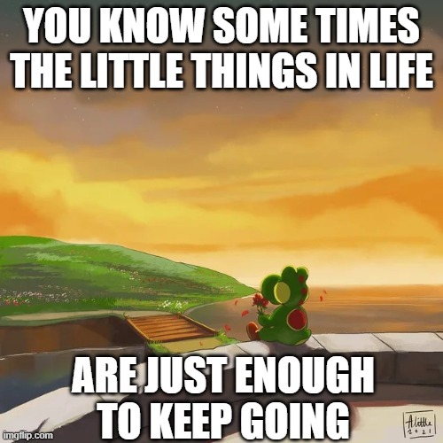 Yoshi on peach's castle HD | YOU KNOW SOME TIMES THE LITTLE THINGS IN LIFE; ARE JUST ENOUGH TO KEEP GOING | image tagged in yoshi on peach's castle hd | made w/ Imgflip meme maker