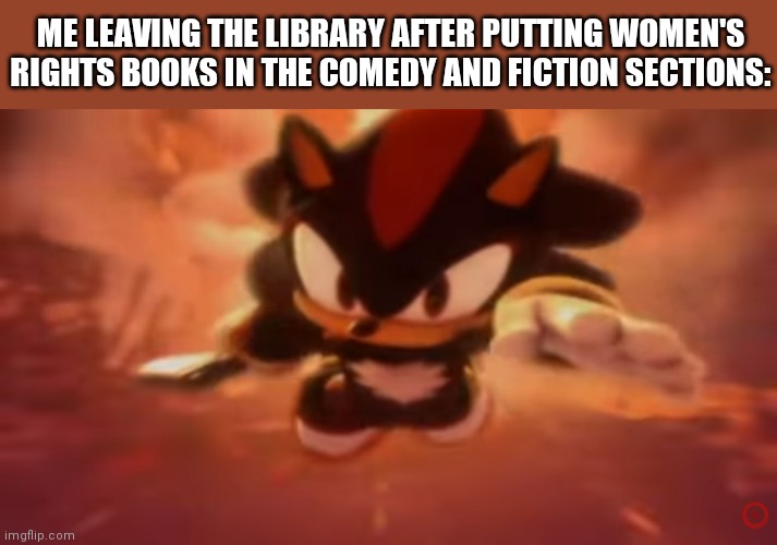 ME LEAVING THE LIBRARY AFTER PUTTING WOMEN'S RIGHTS BOOKS IN THE COMEDY AND FICTION SECTIONS: | made w/ Imgflip meme maker