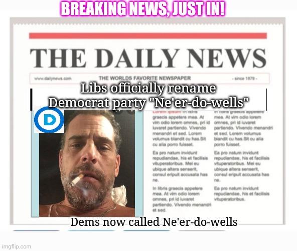 "Ne'er-do-well party":  Part of Dems new honesty in naming tactic | BREAKING NEWS, JUST IN! Libs officially rename Democrat party "Ne'er-do-wells"; Dems now called Ne'er-do-wells | image tagged in democrats,disaster,criminal,leftists,vote,republican | made w/ Imgflip meme maker