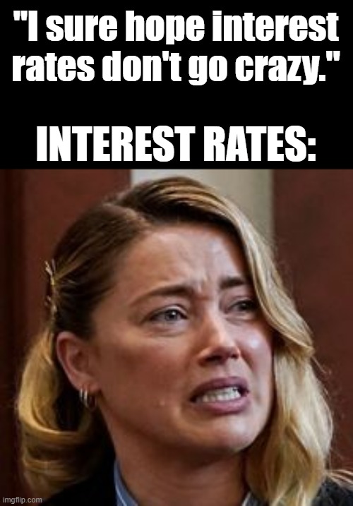 Amber Alert |  "I sure hope interest rates don't go crazy."; INTEREST RATES: | image tagged in interest rates,crazy,amber heard | made w/ Imgflip meme maker