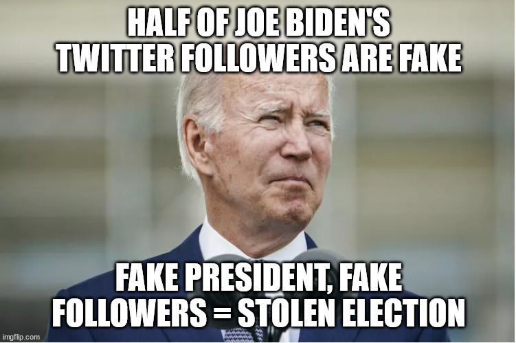 Fake President,  Yup the election was stolen... | HALF OF JOE BIDEN'S TWITTER FOLLOWERS ARE FAKE; FAKE PRESIDENT, FAKE FOLLOWERS = STOLEN ELECTION | image tagged in fake,president,joe biden | made w/ Imgflip meme maker