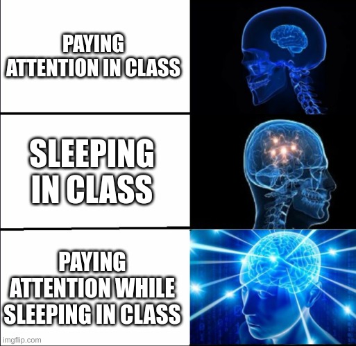 Galaxy Brain (3 brains) | PAYING ATTENTION IN CLASS; SLEEPING IN CLASS; PAYING ATTENTION WHILE SLEEPING IN CLASS | image tagged in galaxy brain 3 brains | made w/ Imgflip meme maker