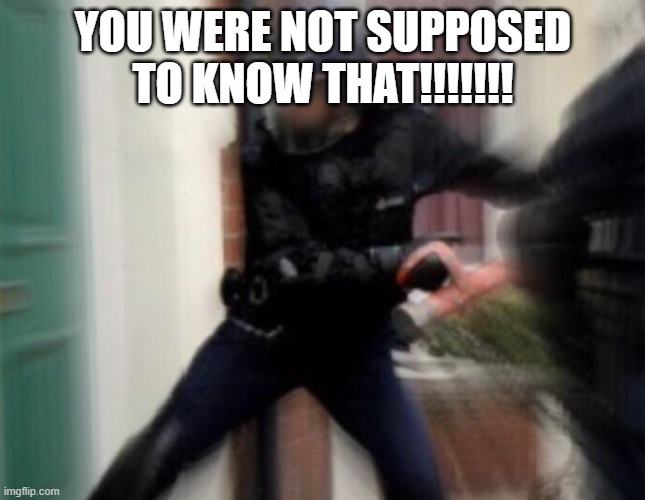 FBI Door Breach | YOU WERE NOT SUPPOSED TO KNOW THAT!!!!!!! | image tagged in fbi door breach | made w/ Imgflip meme maker