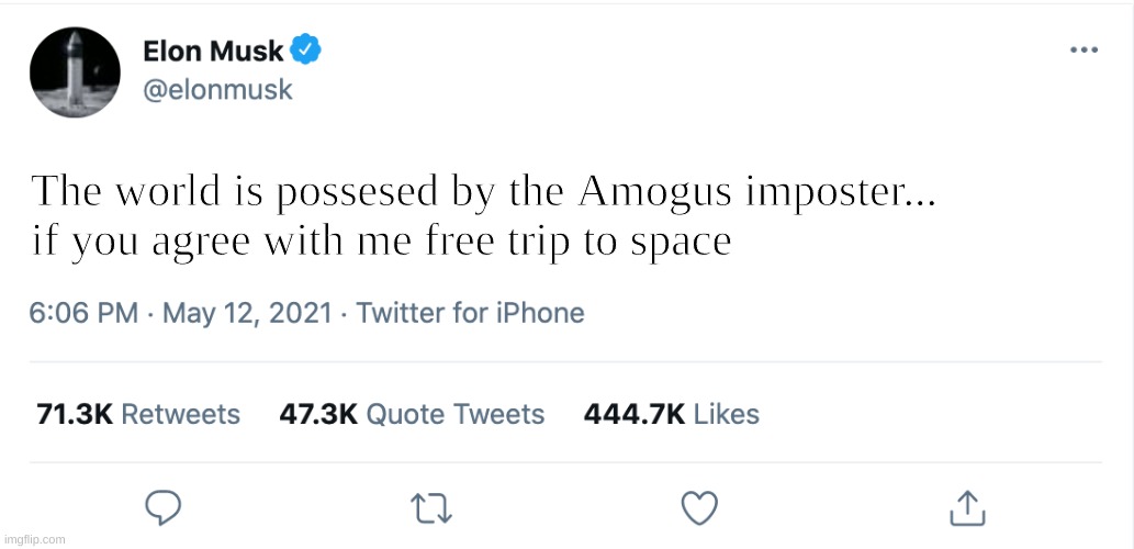 Yes | The world is possesed by the Amogus imposter...

if you agree with me free trip to space | image tagged in elon musk blank tweet | made w/ Imgflip meme maker