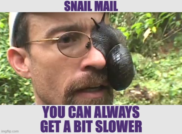 SNAIL MAIL | SNAIL MAIL; YOU CAN ALWAYS; GET A BIT SLOWER | image tagged in snail mail,mail,email,funny,memes,us mail | made w/ Imgflip meme maker