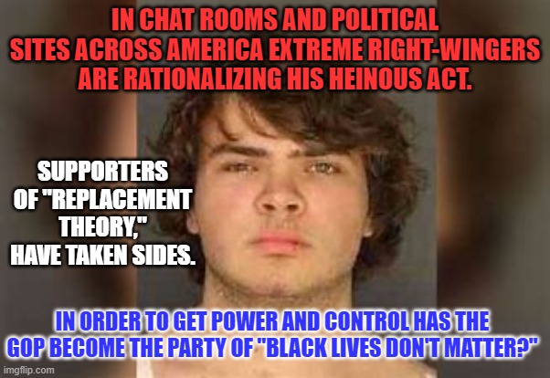 Racism is not compatible with Traditional, Conservative Republicanism. | IN CHAT ROOMS AND POLITICAL SITES ACROSS AMERICA EXTREME RIGHT-WINGERS ARE RATIONALIZING HIS HEINOUS ACT. SUPPORTERS OF "REPLACEMENT THEORY," HAVE TAKEN SIDES. IN ORDER TO GET POWER AND CONTROL HAS THE GOP BECOME THE PARTY OF "BLACK LIVES DON'T MATTER?" | image tagged in politics | made w/ Imgflip meme maker