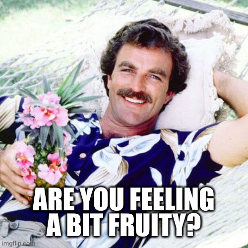 Tom Selleck Fruity Drink | ARE YOU FEELING A BIT FRUITY? | image tagged in tom selleck fruity drink | made w/ Imgflip meme maker