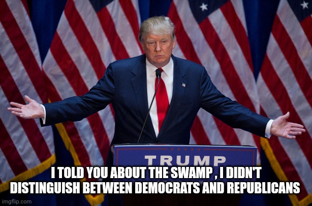 Donald Trump | I TOLD YOU ABOUT THE SWAMP , I DIDN'T DISTINGUISH BETWEEN DEMOCRATS AND REPUBLICANS | image tagged in donald trump | made w/ Imgflip meme maker