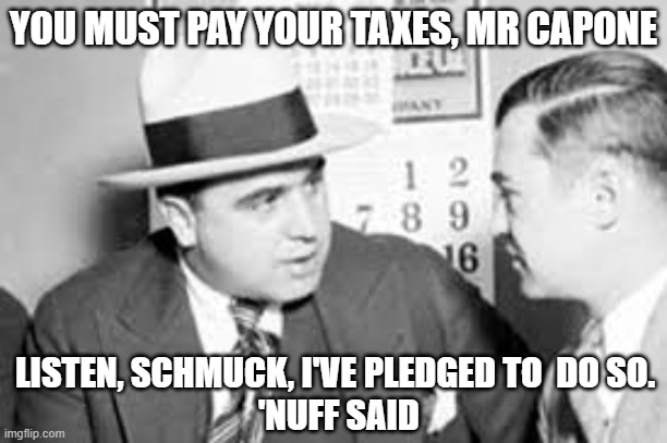Al Capone pledges to pay taxes | YOU MUST PAY YOUR TAXES, MR CAPONE; LISTEN, SCHMUCK, I'VE PLEDGED TO  DO SO.
 'NUFF SAID | image tagged in al capone,pledged to pay | made w/ Imgflip meme maker