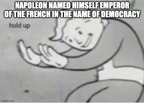Global Studies of the French Revolution and suddenly the perfect meme | NAPOLEON NAMED HIMSELF EMPEROR OF THE FRENCH IN THE NAME OF DEMOCRACY | image tagged in hol up,perfection,french,french revolution,revolution | made w/ Imgflip meme maker