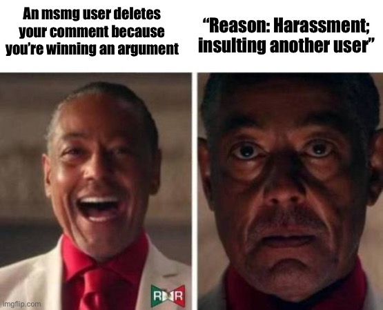 Oh no | An msmg user deletes your comment because you’re winning an argument; “Reason: Harassment; insulting another user” | image tagged in gus fring,chuckles im in danger | made w/ Imgflip meme maker
