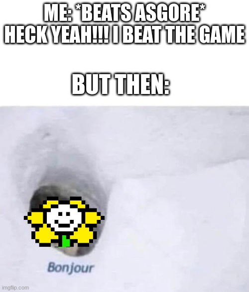 Bonjour | ME: *BEATS ASGORE* HECK YEAH!!! I BEAT THE GAME; BUT THEN: | image tagged in bonjour | made w/ Imgflip meme maker