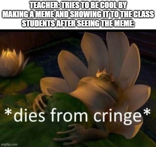 i would honestly just die | TEACHER: TRIES TO BE COOL BY MAKING A MEME AND SHOWING IT TO THE CLASS
STUDENTS AFTER SEEING THE MEME: | image tagged in dies of cringe,memes | made w/ Imgflip meme maker